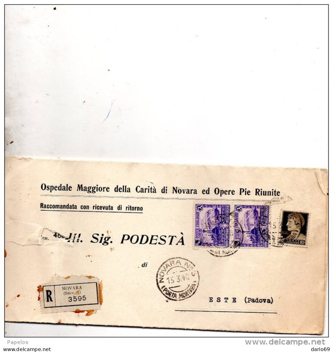 1940  LETTERA RACCOMANDATA  CON ANNULLO NOVARA PORTA MORTARA - Storia Postale