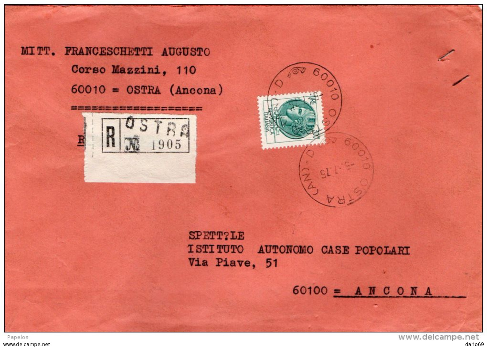 1975   LETTERA RACCOMANDATA  CON ANNULLO OSTRA ANCONA - 1971-80: Marcophilie