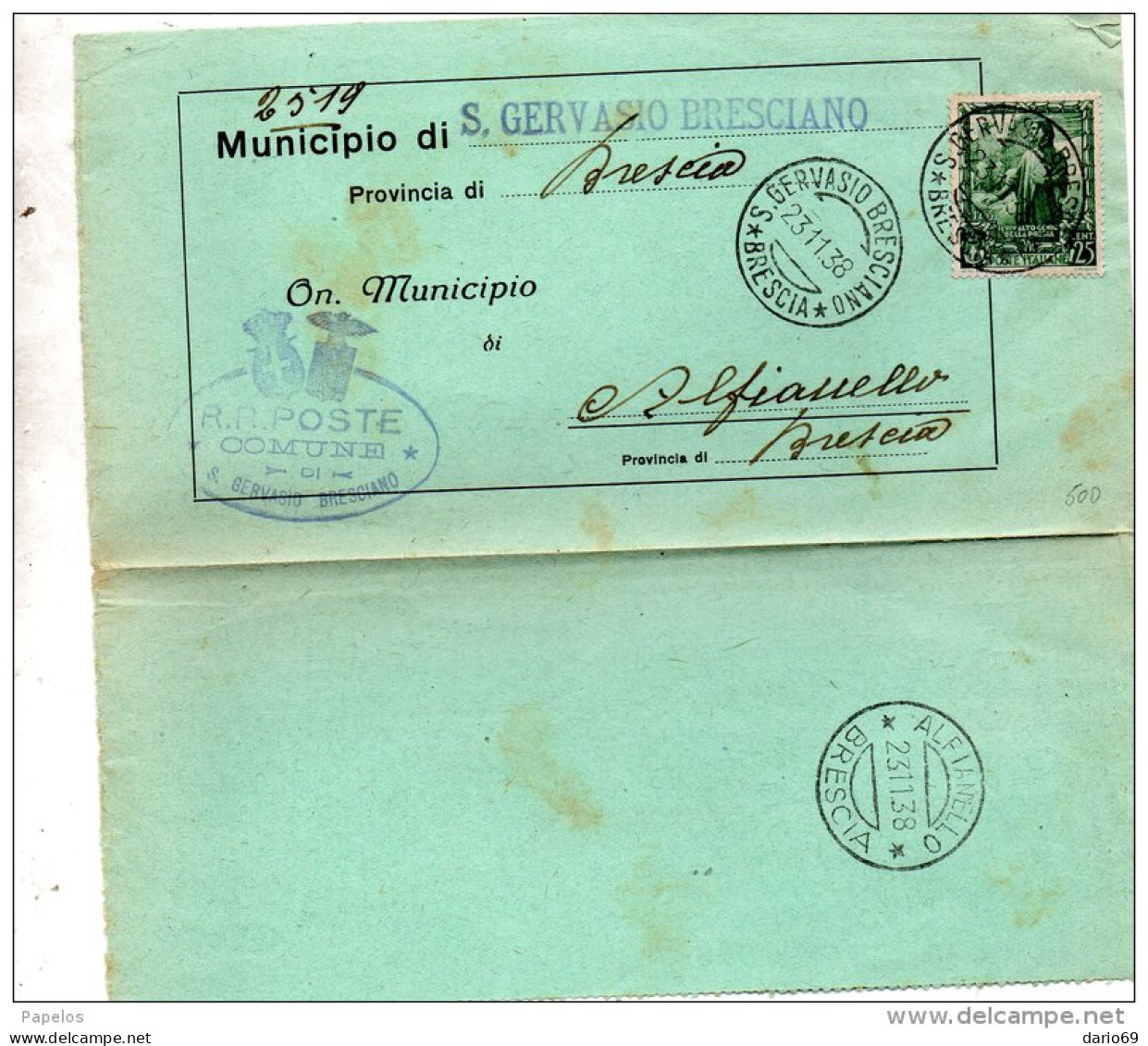 1938  LETTERA   CON ANNULLO S. GERVASIO BRESCIANO + ALFIANELLO BRESCIA - Storia Postale