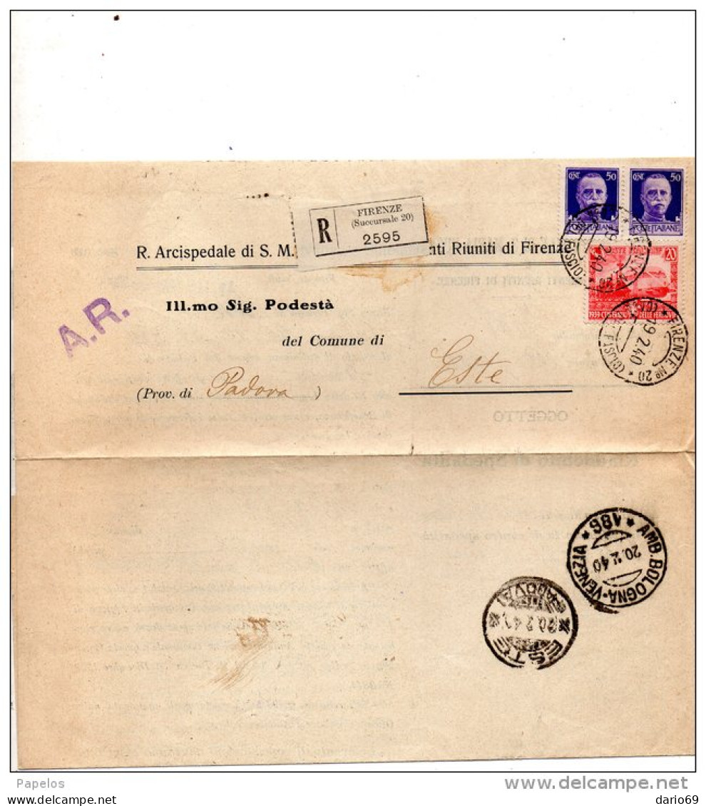 1940  LETTERA RACCOMANDATA    CON ANNULLO FIRENZE 20 + AMB. BOLOGNA - VENEZIA - Storia Postale