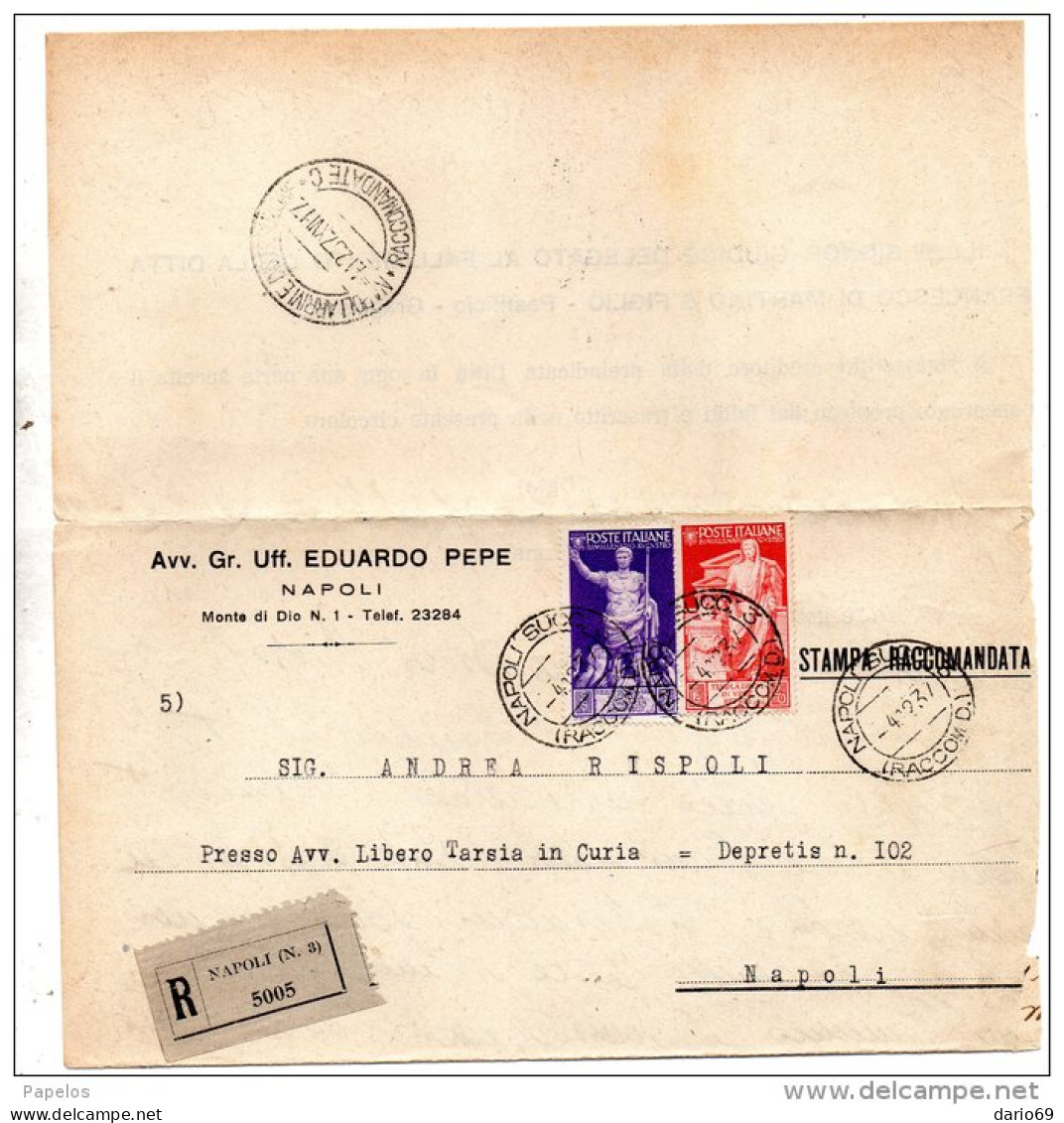 1937   LETTERA RACCOMANDATA CON ANNULLO NAPOLI - Storia Postale