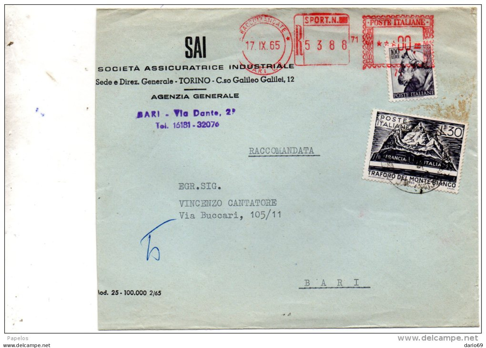 1965  LETTERA RACCOMANDATA CON ANNULLO BARI - 1961-70: Marcofilia