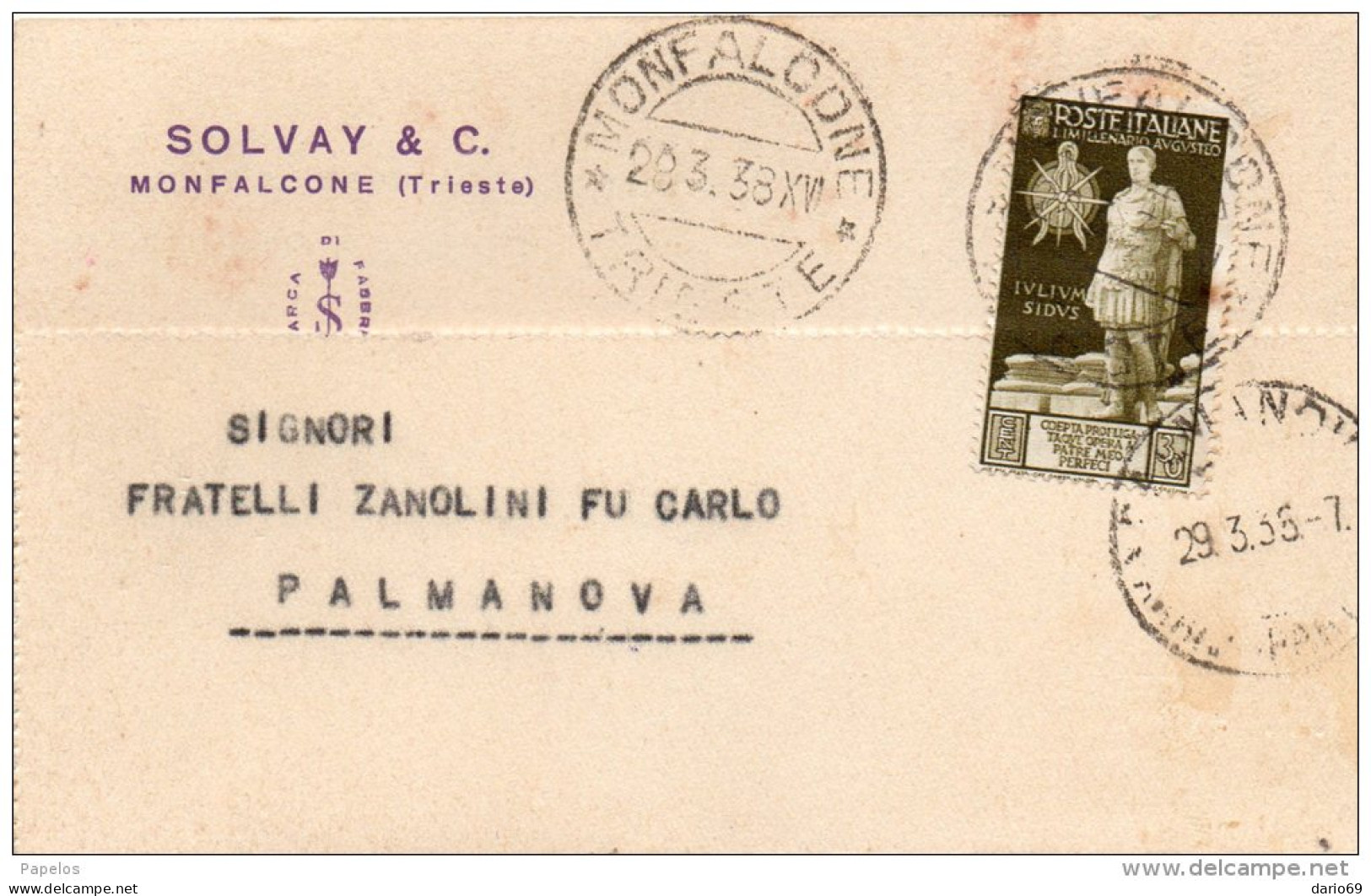 1938 CARTOLINA CON ANNULLO MONFALCONE TRIESTE - Storia Postale