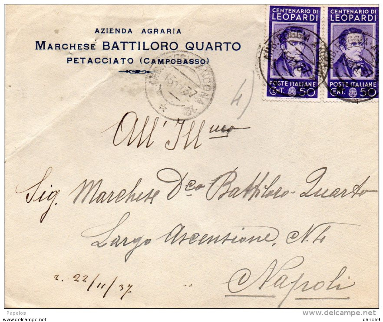 1937  LETTERA INTESTATA AZIENDA AGRARIA  - PETACCIATO CAMPOBASSO - Storia Postale