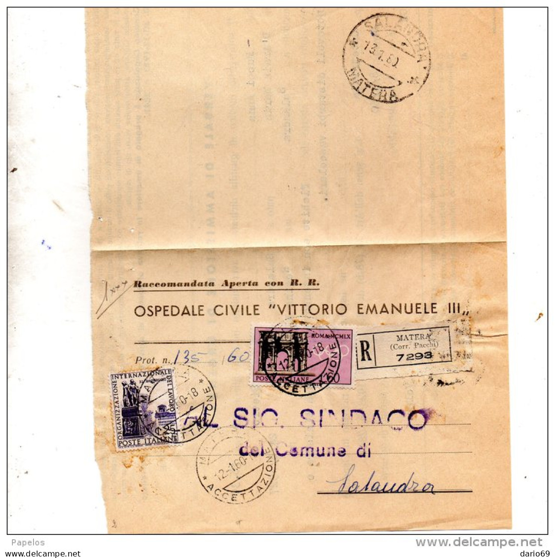 1960  LETTERA RACCOMANDATA CON ANNULLO MATERA + SALANDRA - 1946-60: Marcophilia