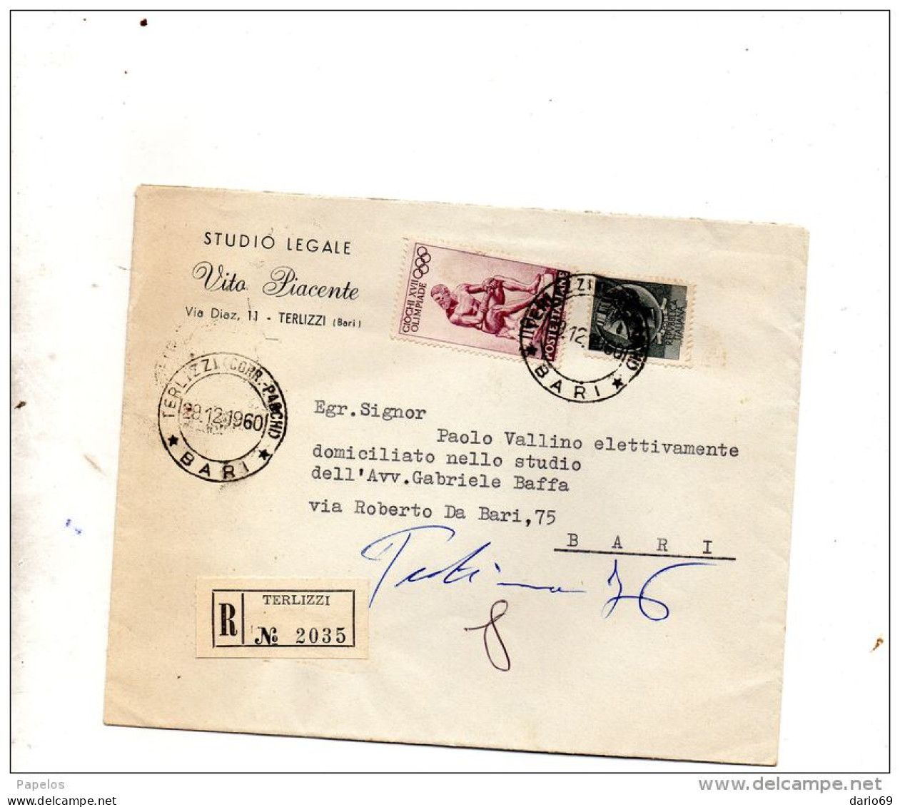 1960  LETTERA RACCOMANDATA  CON ANNULLO TERLIZZI  BARI - 1946-60: Poststempel