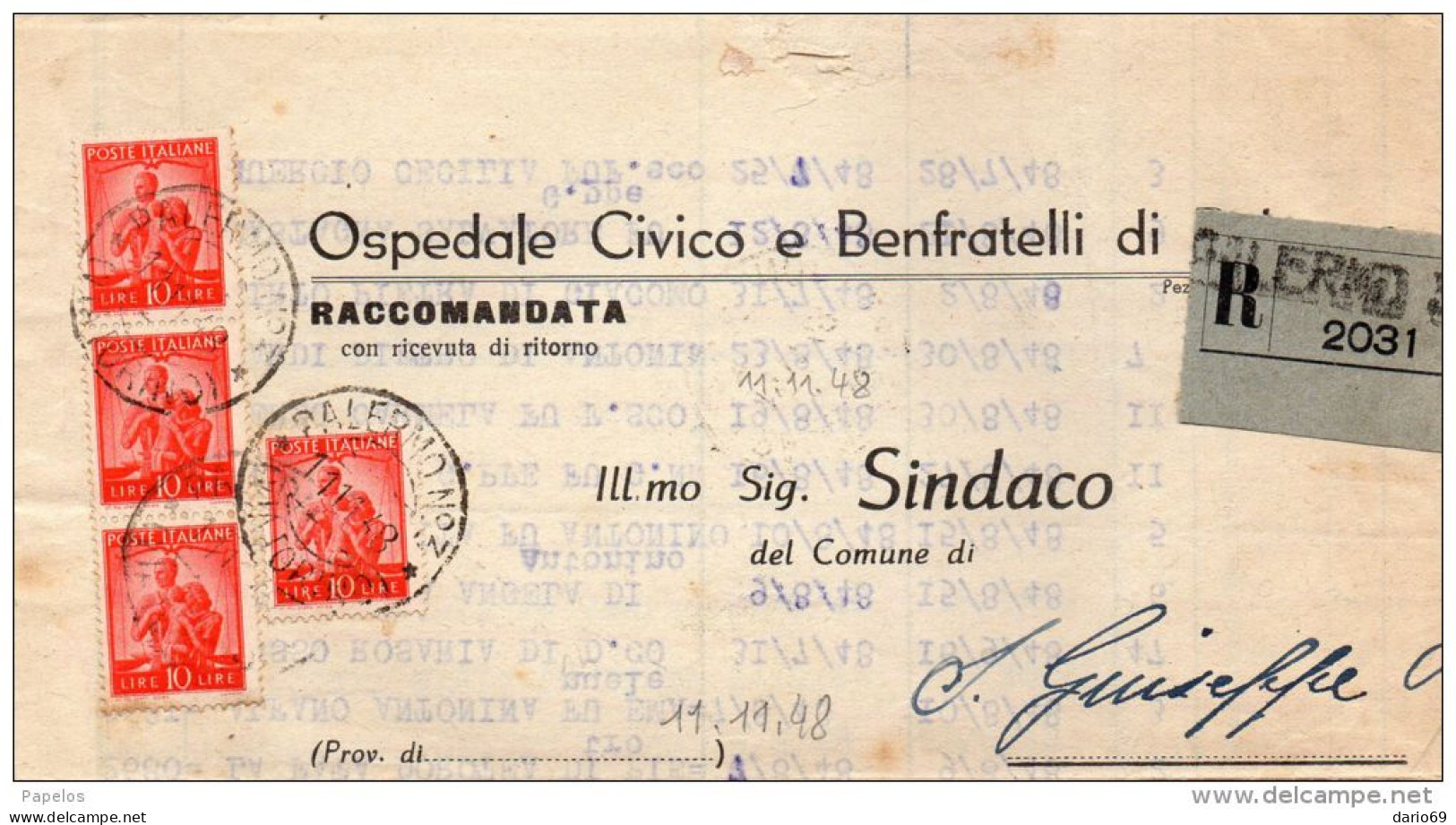 1948  LETTERA RACCOMANDATA  CON ANNULLO SALERNO - 1946-60: Poststempel