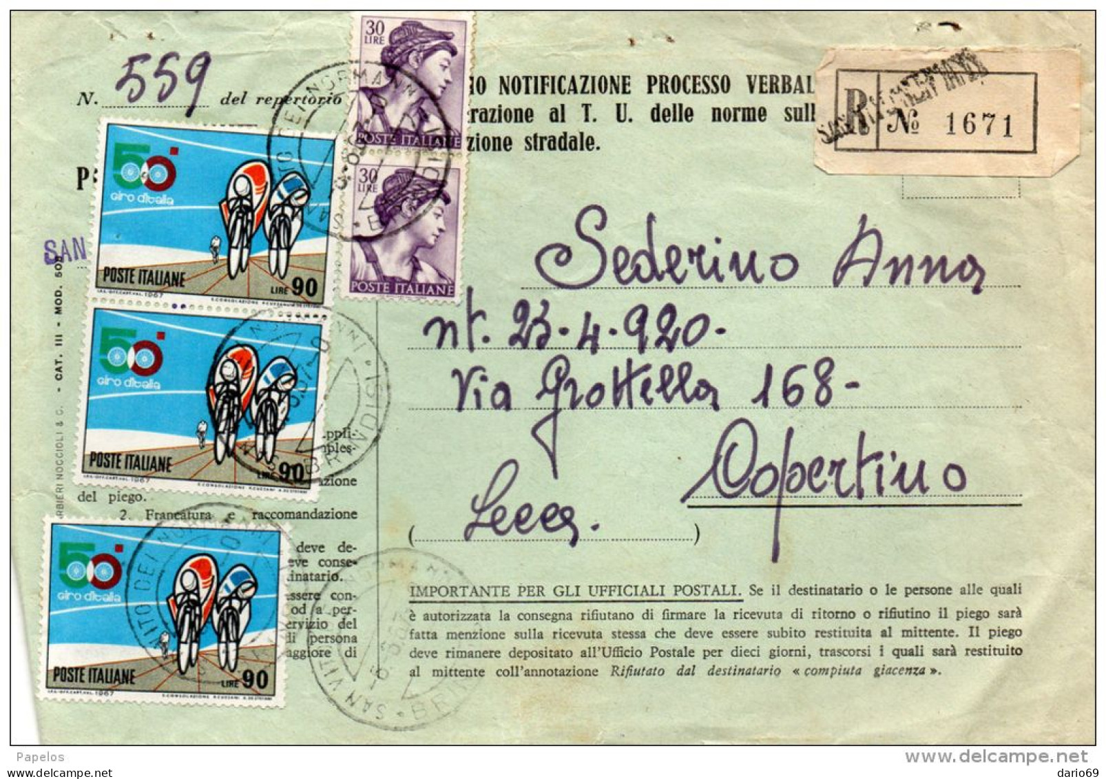 1967  LETTERA RACCOMANDATA  CON ANNULLO S. VITO DEI NORMANNI BRINDISI - 1961-70: Poststempel