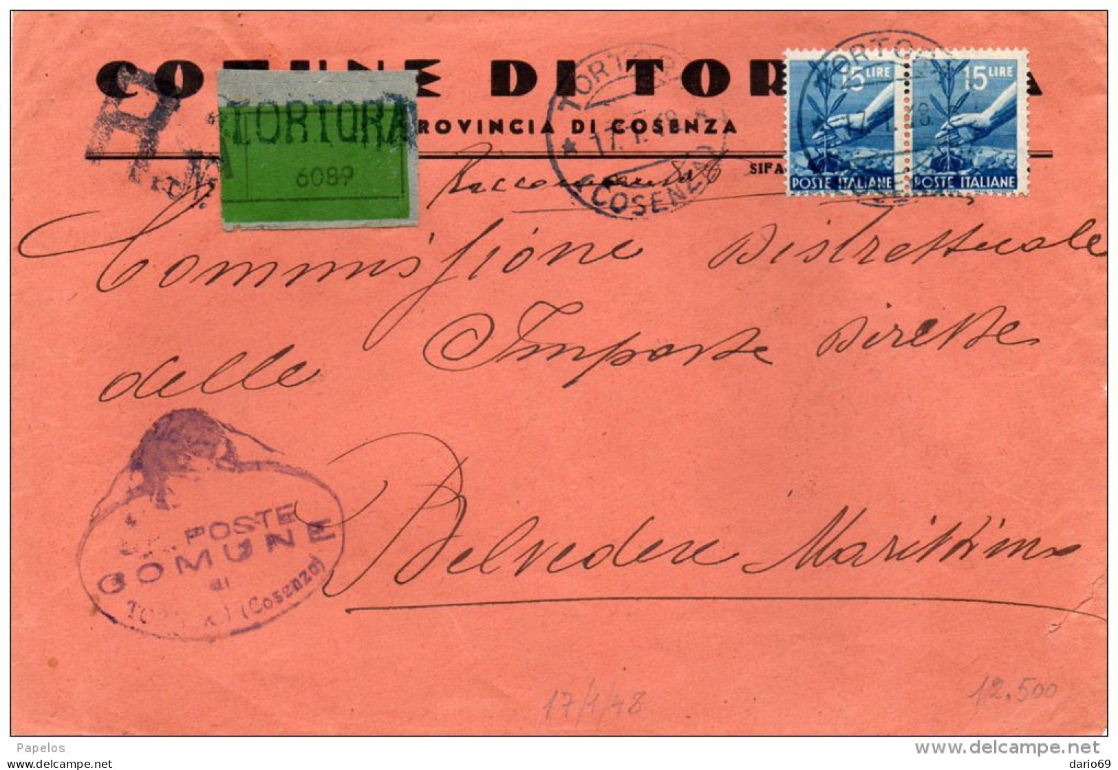 19648  LETTERA RACCOMANDATA CON ANNULLO TORTORA  COSENZA - 1946-60: Poststempel