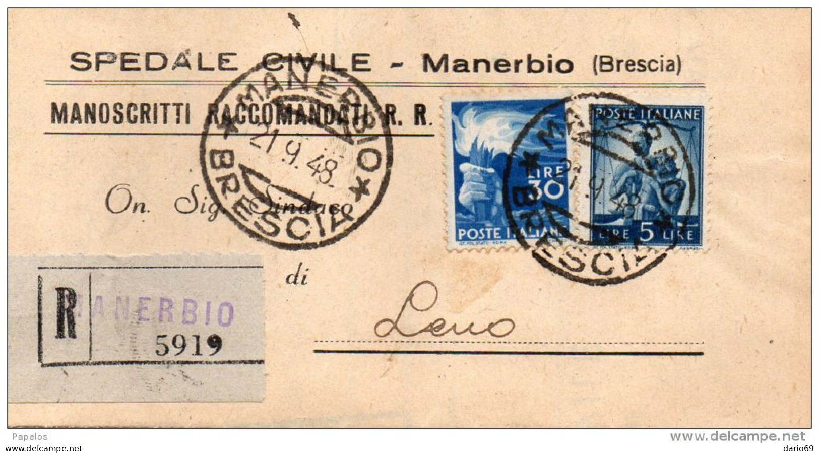 1948 LETTERA  RACCOMANDATA  CON ANNULLO  MANERBIO BRESCIA - 1946-60: Poststempel