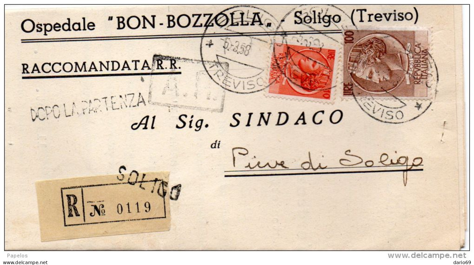 1958  LETTERA RACCOMANDATA  CON ANNULLO SOLIGO TREVISO - 1946-60: Poststempel