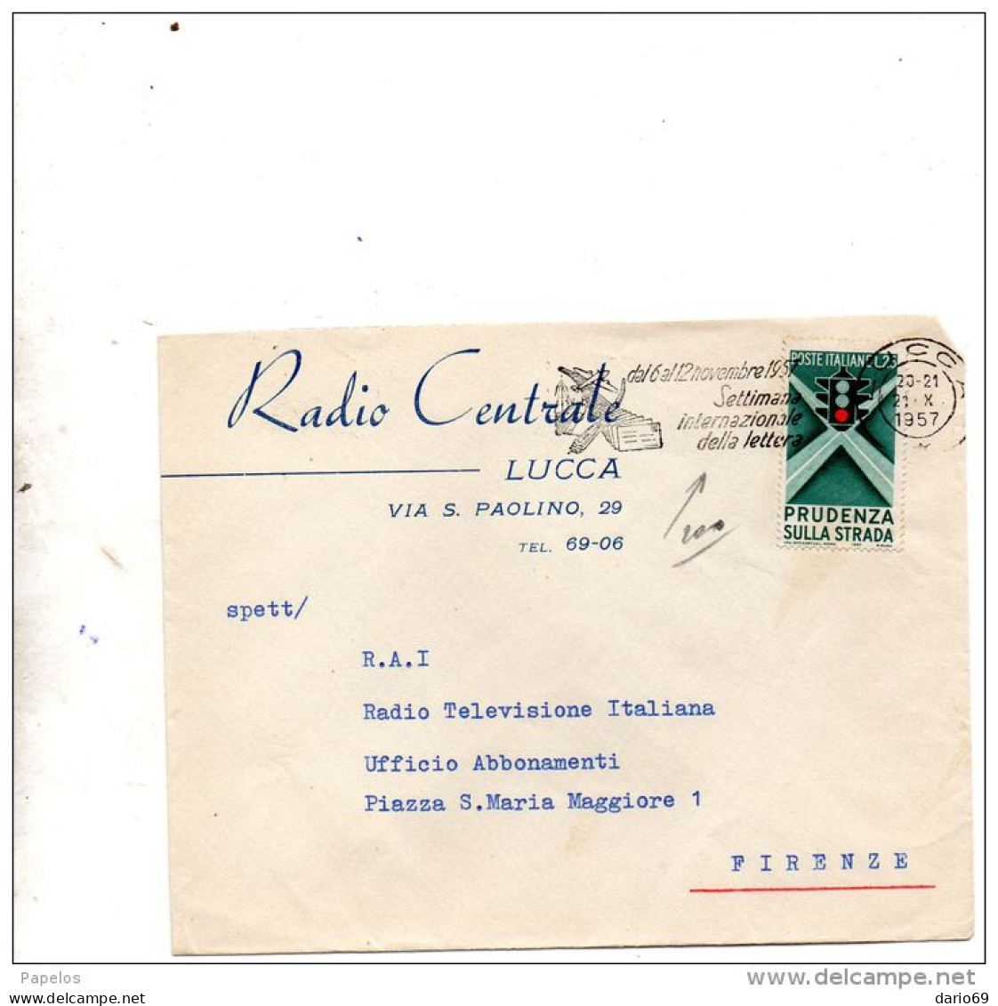 1957  LETTERA INTESTATA RADIO CENTRALE  CON ANNULLO  LUCCA + TARGHETTA - 1961-70: Marcophilie