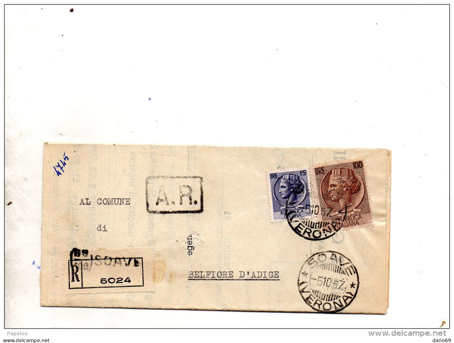 1957  LETTERA RACCOMANDATA  CON ANNULLO SOAVE VERONA - 1946-60: Poststempel