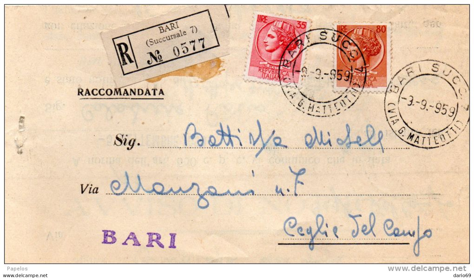 1959  LETTERA RACCOMANDATA  CON ANNULLO BARI - 1946-60: Poststempel