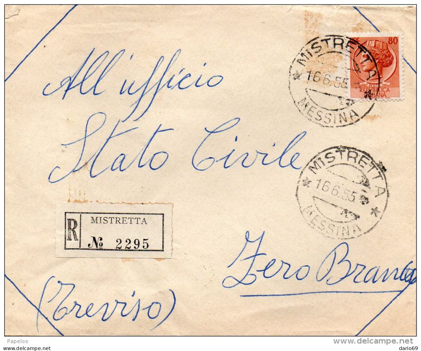 1955  LETTERA RACCOMANDATA  CON ANNULLO MISTRETTA MESSINA - 1946-60: Marcophilie