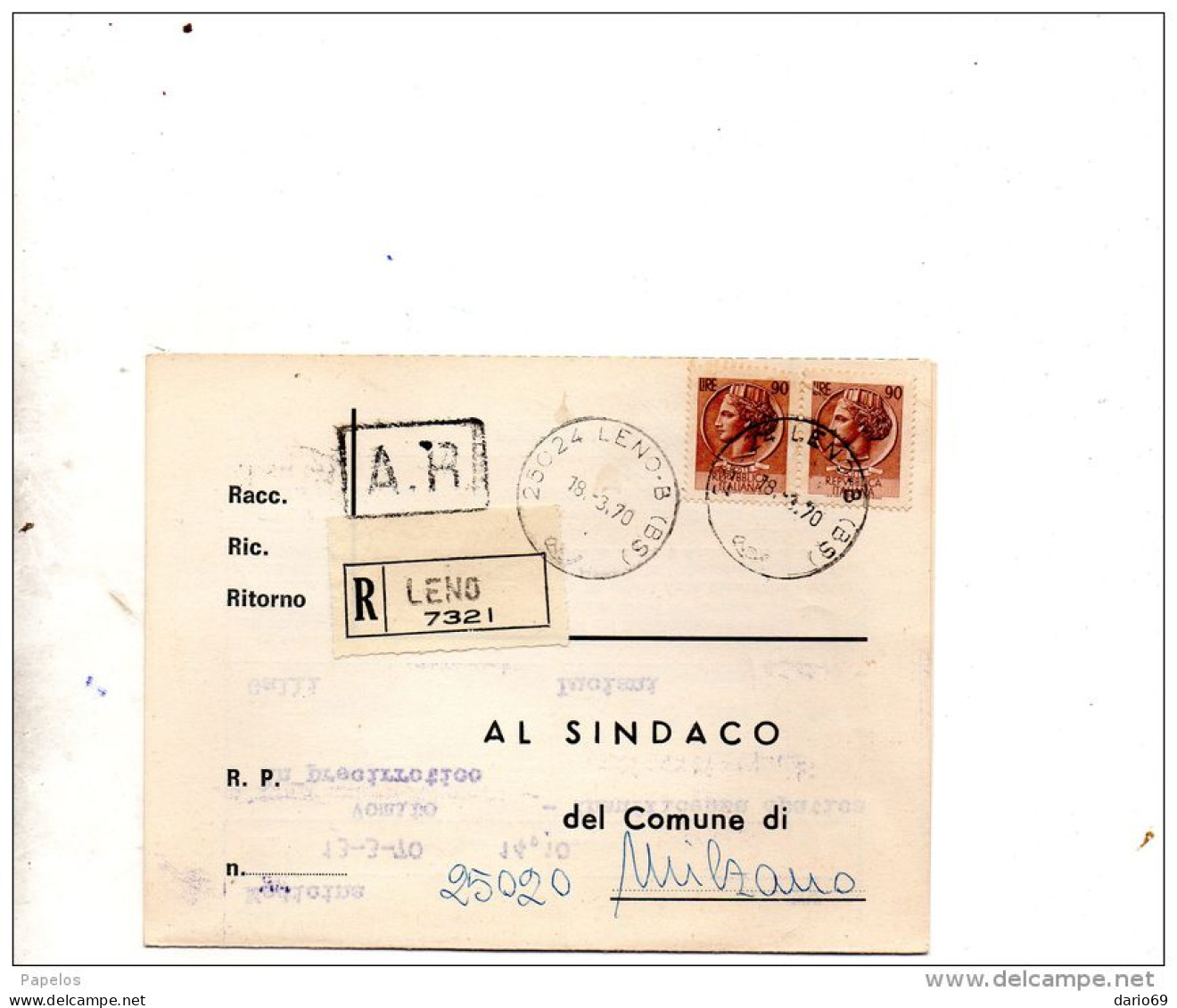 1970 CARTOLINA RACCOMANDATA CON ANNULLO LENO BRESCIA - 1961-70: Poststempel