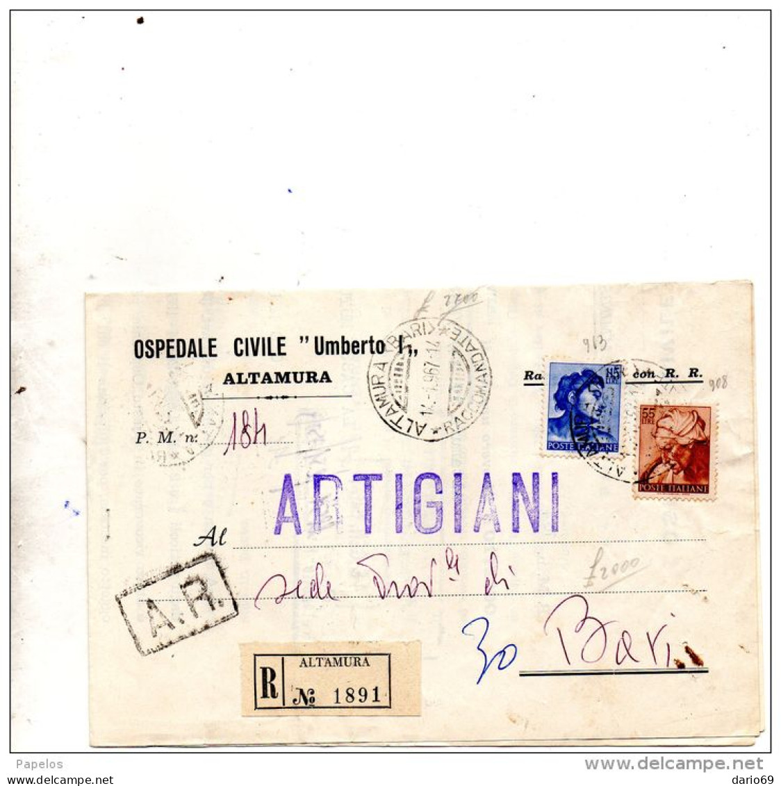 1967  LETTERA RACCOMANDATA   CON ANNULLO ALTAMURA  BARI - 1961-70: Poststempel