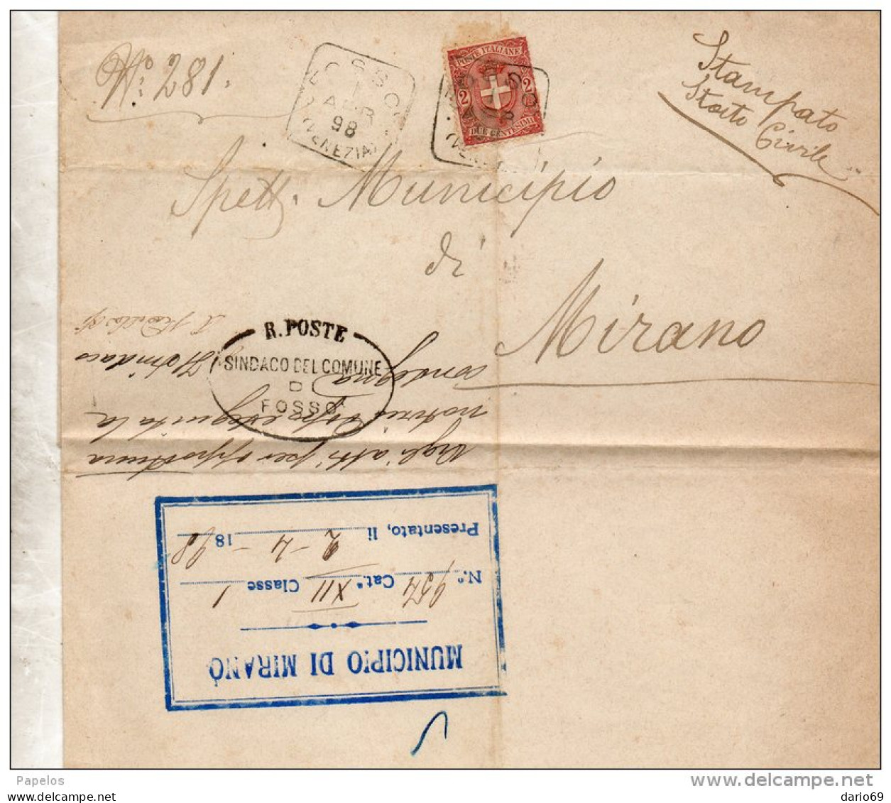 1898  LETTERA CON ANNULLO FOSSO VENEZIA X MIRANO - Poststempel