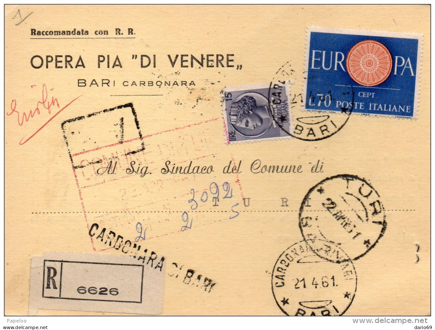 1961 CARTOLINA    RACCOMANDATA CON ANNULLO TURI BARI - 1946-60: Poststempel