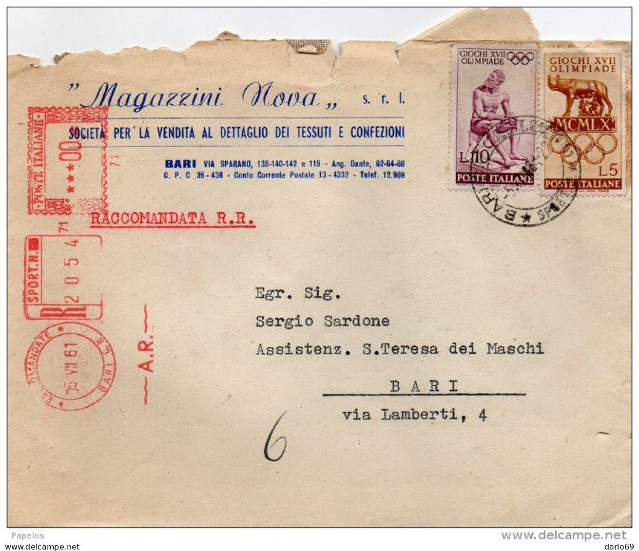 1961  LETTERA RACCOMANDATA CON ANNULLO BARI - 1961-70: Storia Postale