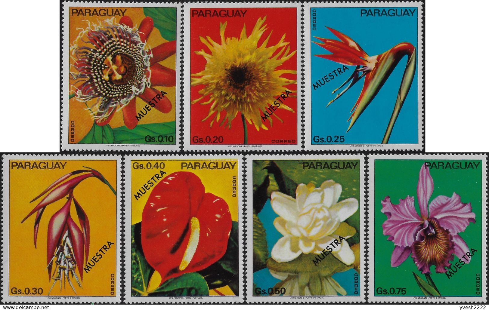 Paraguay 1974 Y&T 1346 à 1352 Surchargés MUESTRA, Spécimen. Fleurs : Passiflore, Dahlia, Oiseau De Paradis, Freesia... - Orchideeën