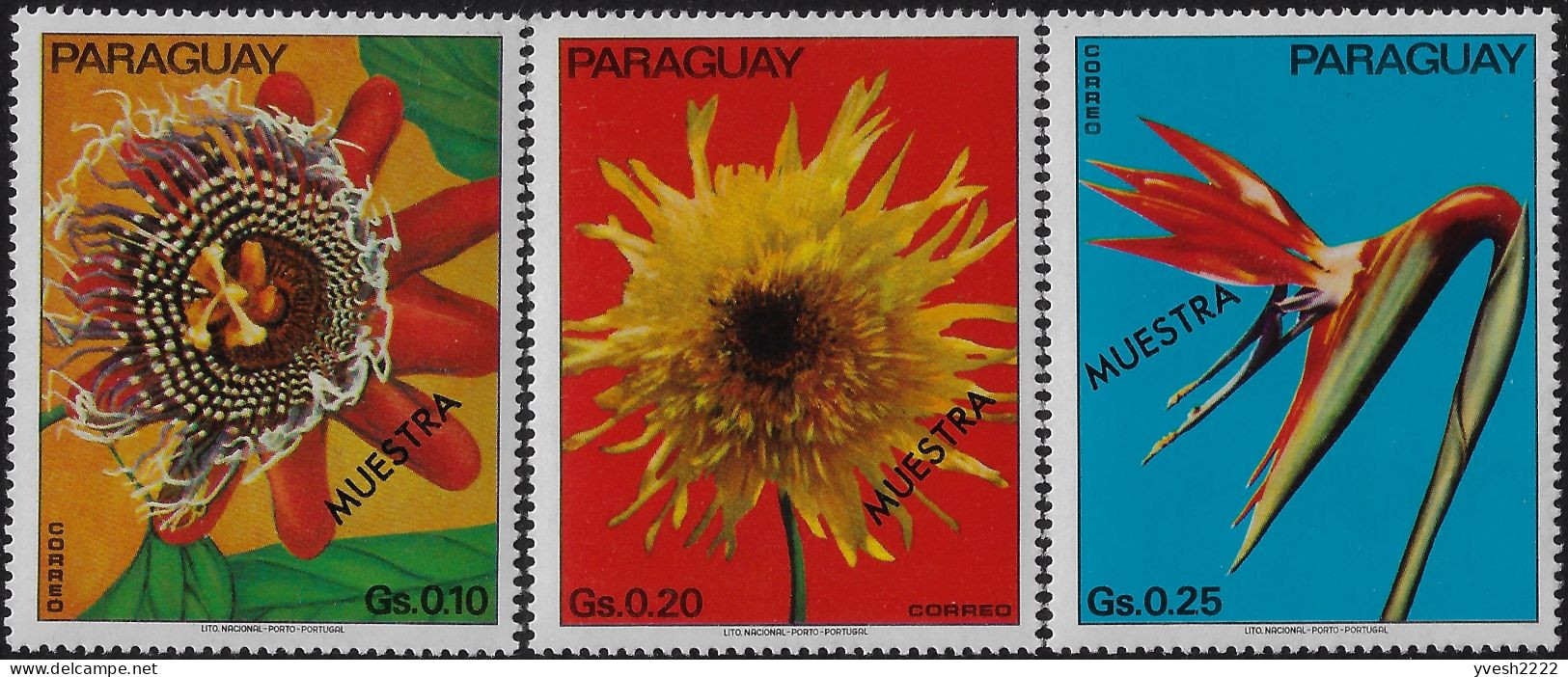 Paraguay 1974 Y&T 1346 à 1352 Surchargés MUESTRA, Spécimen. Fleurs : Passiflore, Dahlia, Oiseau De Paradis, Freesia... - Orchideeën