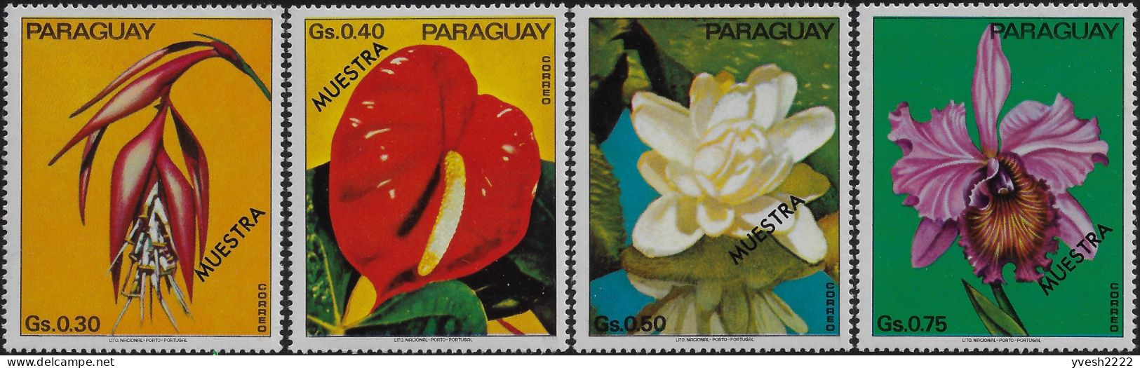 Paraguay 1974 Y&T 1346 à 1352 Surchargés MUESTRA, Spécimen. Fleurs : Passiflore, Dahlia, Oiseau De Paradis, Freesia... - Orchidées