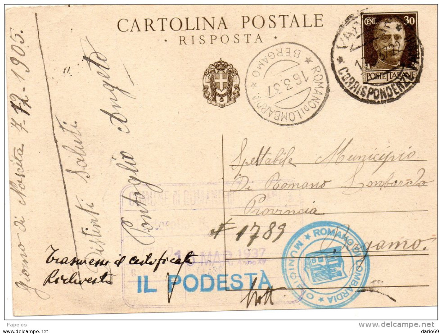 1937  CARTOLINA  CON ANNULLO VARESE + ROMANO DI LOMBARDIA BERGAMO - Entiers Postaux