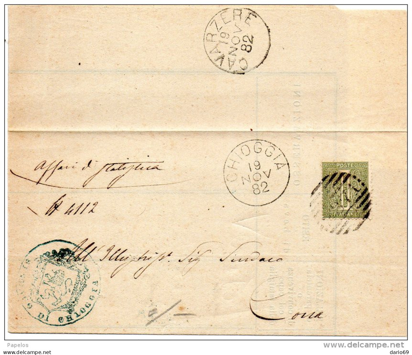 1882  LETTERA CON ANNULLO CHIOGGIA VENEZIA + CAVARZERE - Poststempel