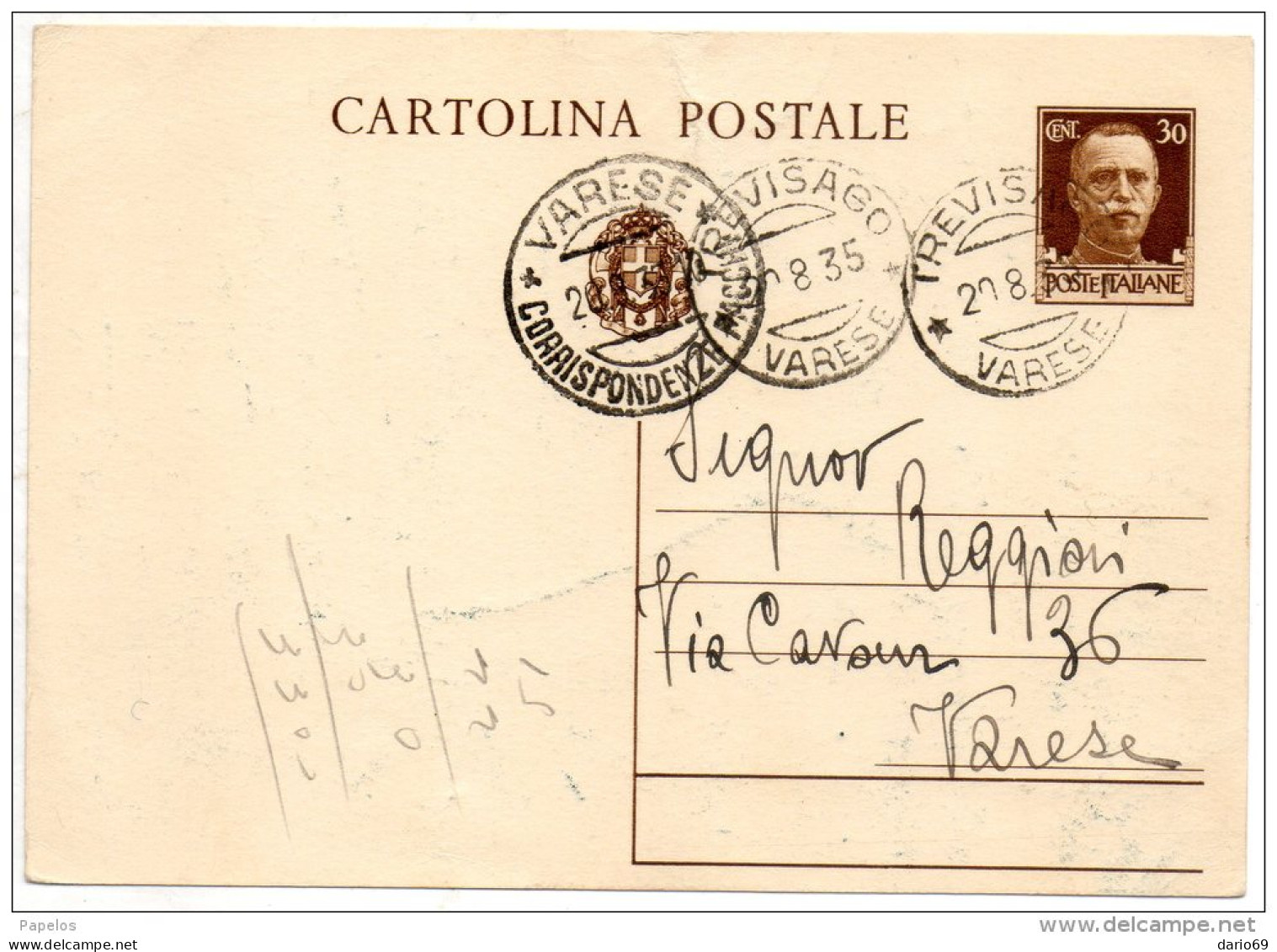 1935 CARTOLINA  CON ANNULLO TREVISAGO VARESE - Marcophilia