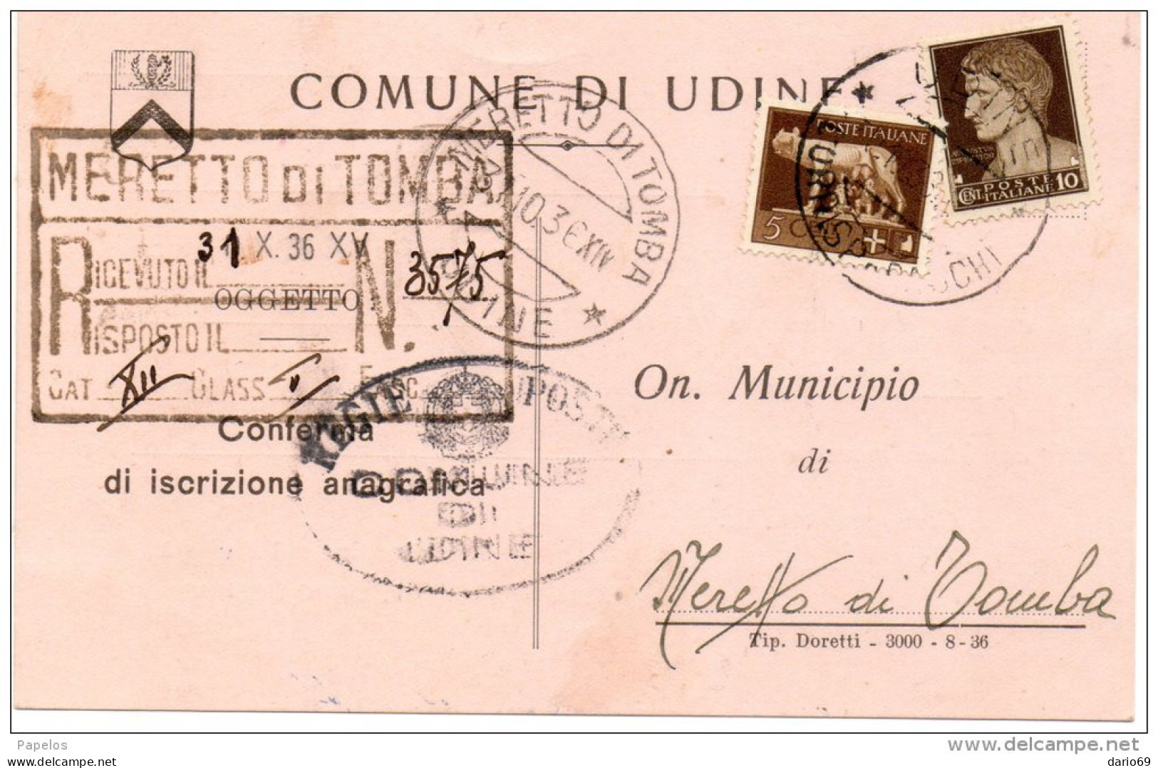 1936 CARTOLINA   CON ANNULLO UDINE + MERETTO DI TOMBA - Marcophilia