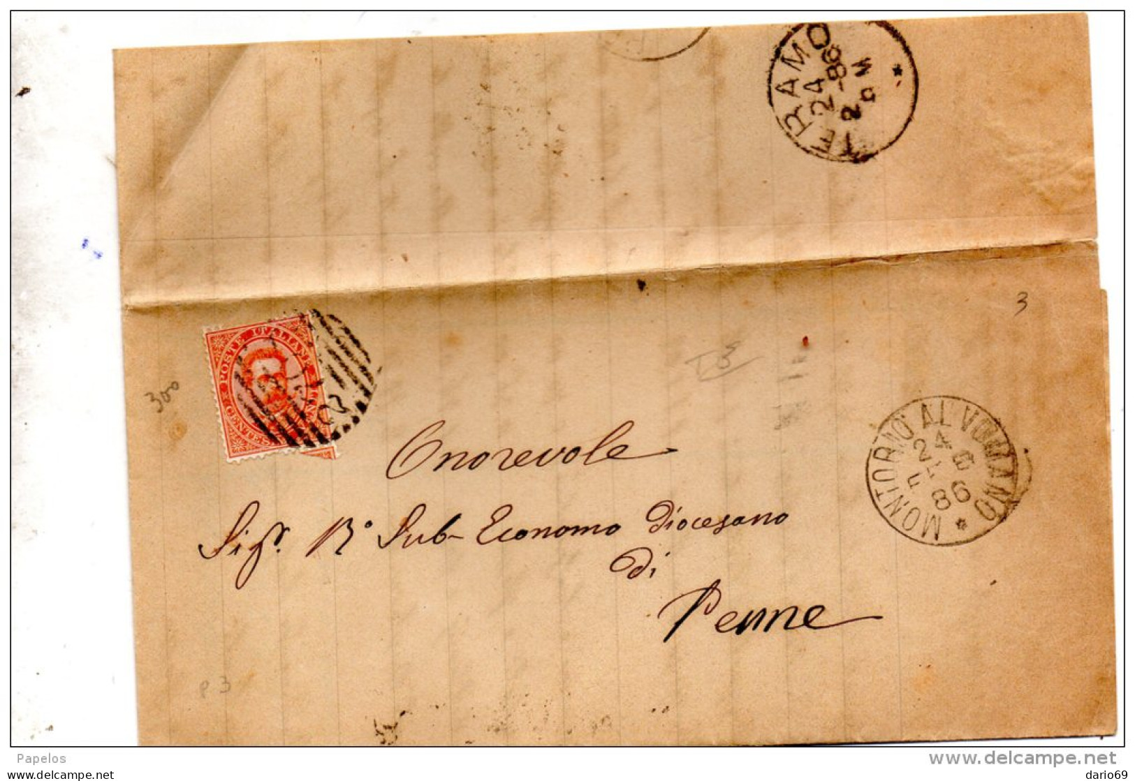 1884   LETTERA CON ANNULLO MONTORIO AL VOMANO TERAMO - Marcophilie