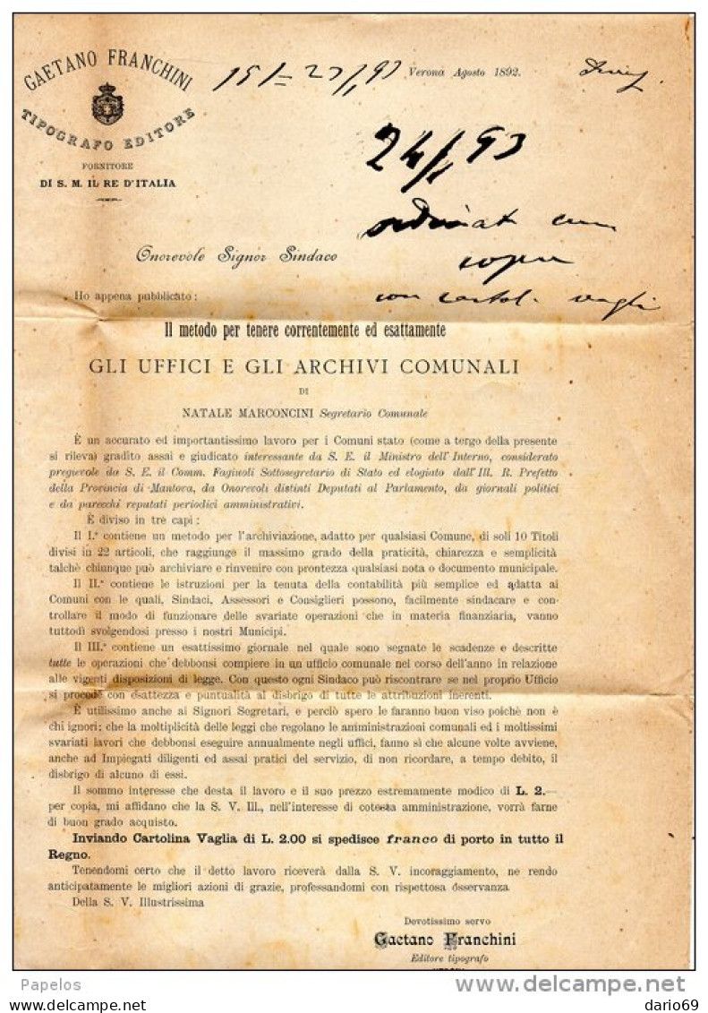 1892  LETTERA CON ANNULLO  VERONA PALAZZOLO SULL'OGLIO - Storia Postale