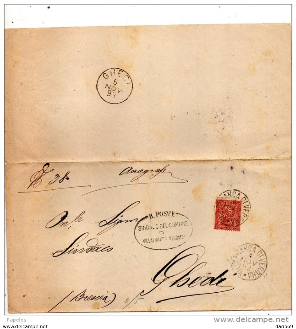 1893 LETTERA CON ANNULLO VILLAFRANCA DI VERONA + GHEDI BRESCIA - Storia Postale