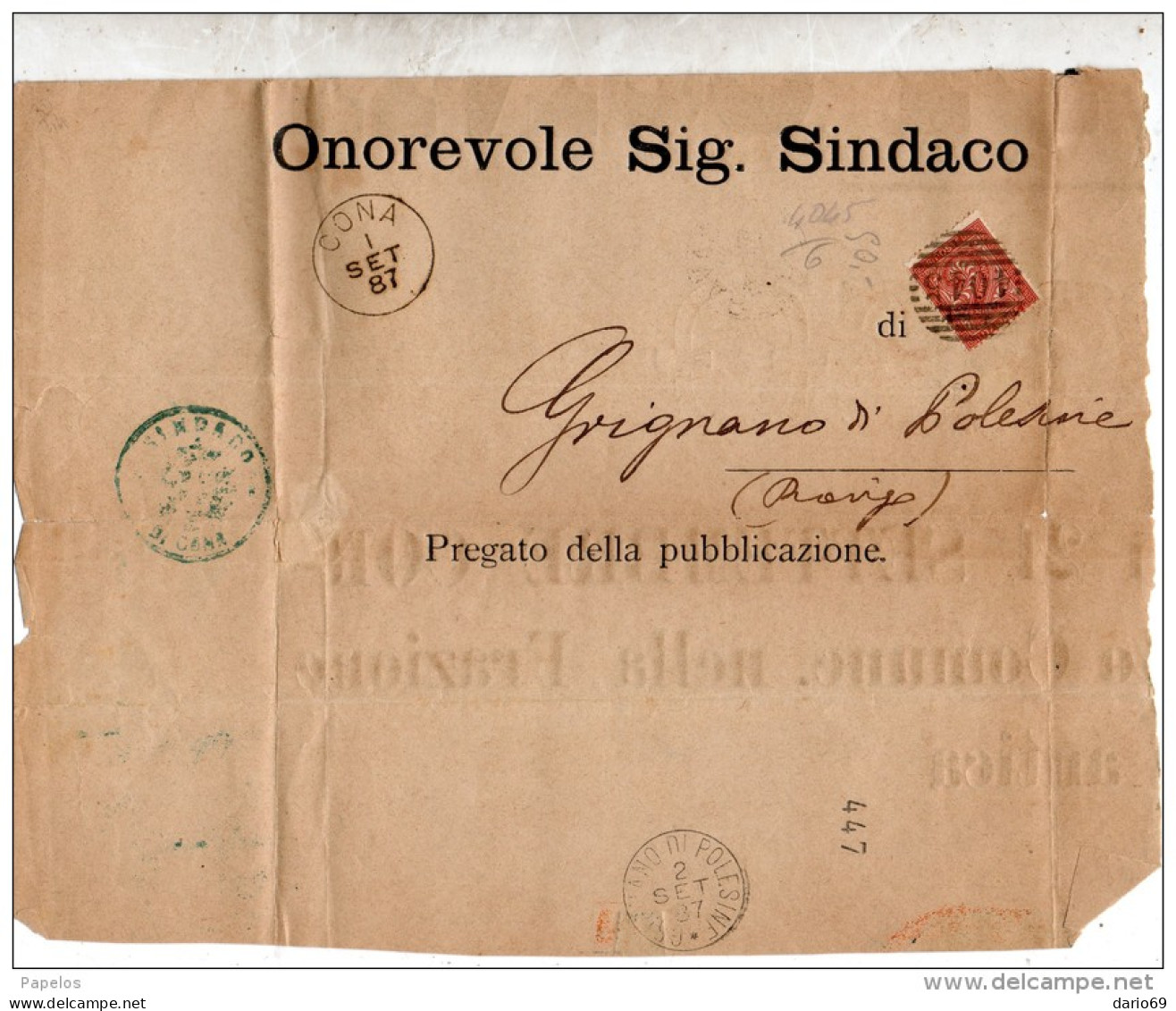 1887  PARTE DI MANIFESTO CON ANNULLO CONA VENEZIA + - Storia Postale