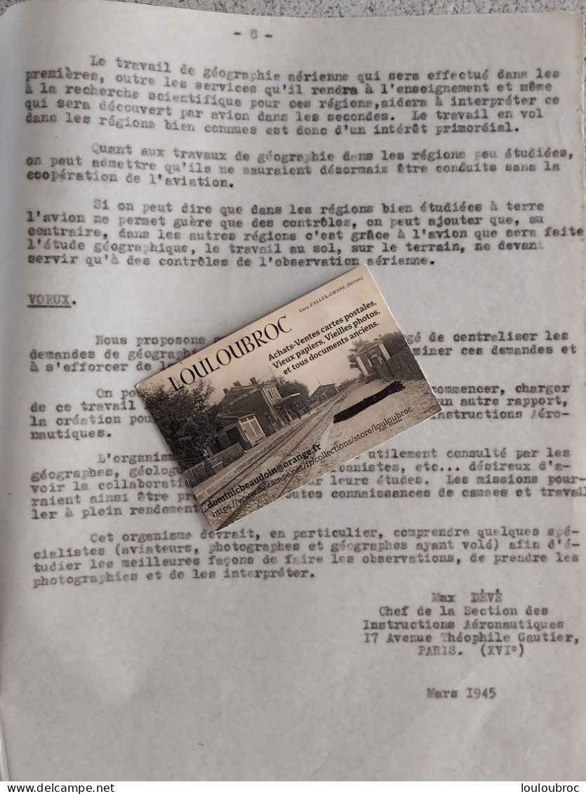 GEOGRAPHIE ET AVIATION PRESENTE PAR MAX DEVE  1945 CONGRES NATIONAL AVIATION FRANCAISE 8 PAGES - Avión