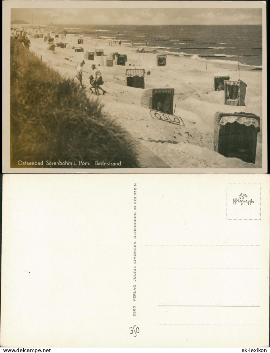 Postcard Sorenbohm Sarbinowo (Mielno) Strand, Strandkörbe 1930 - Pommern