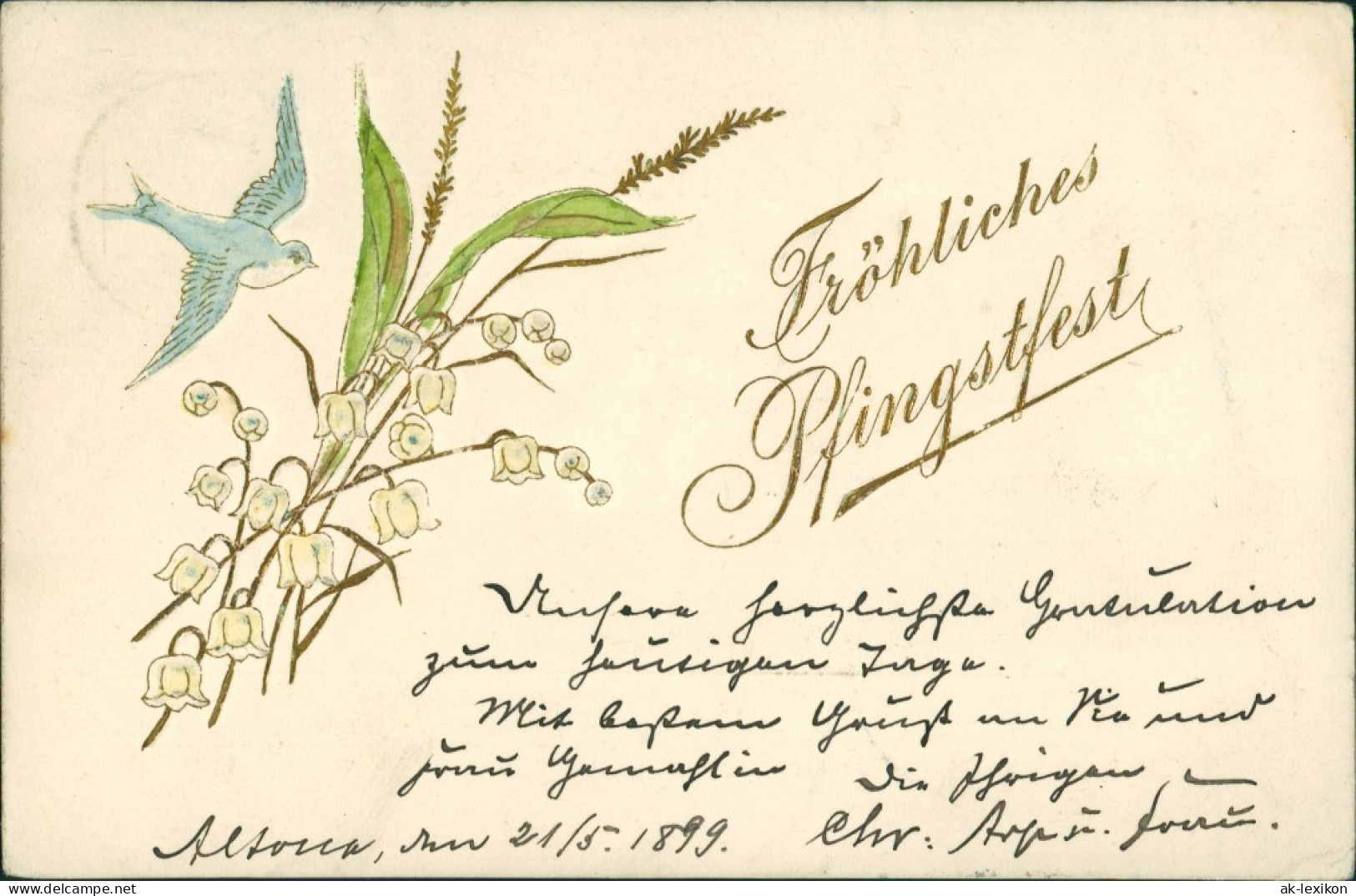  Glückwunsch: Pfingsten, Goldprägekarte Märzenbecher Schwalbe 1898 Prägekarte - Pinksteren