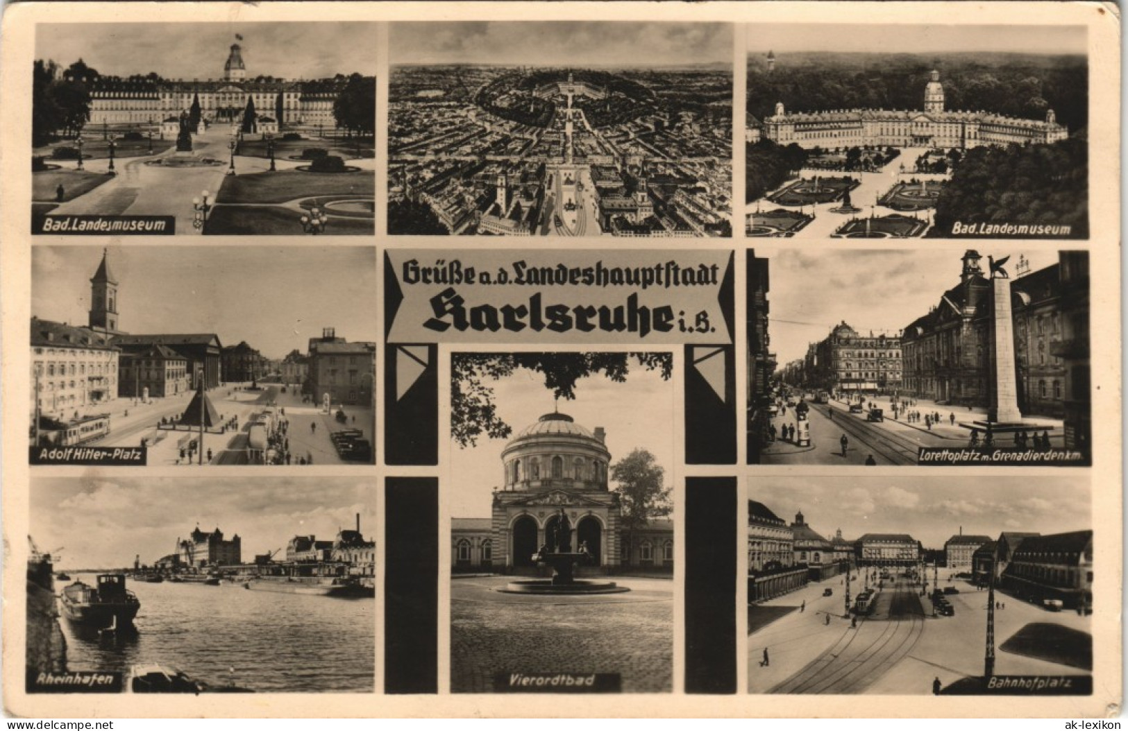 Karlsruhe Mehrbildkarte Sehenswürdigkeiten & Stadtteilansichten 1942 - Karlsruhe