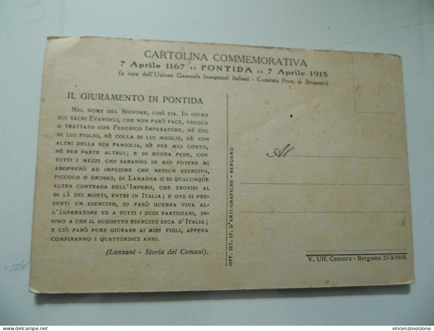 Cartolina "CARTOLINA COMMEMORATIVA GIURAMENTO DI PONTIDA" 1918 - Manifestazioni