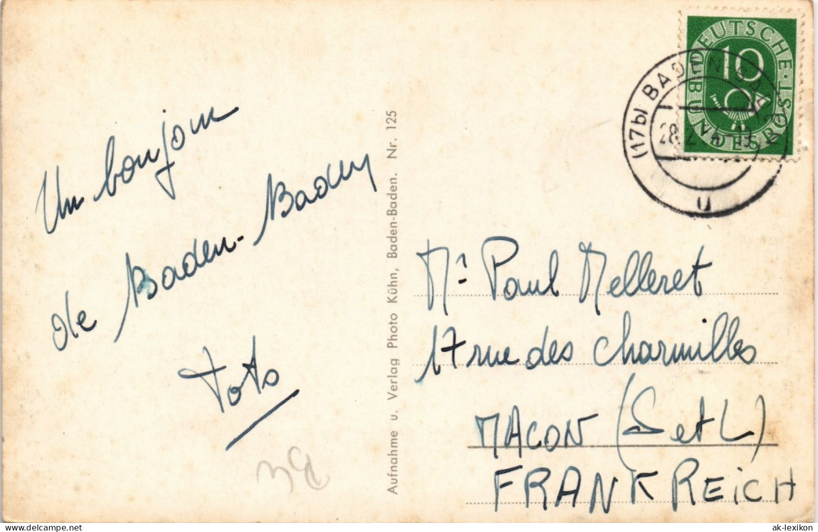 Ansichtskarte Baden-Baden Totale, Gel. Posthorn-Briefmarke 1953 - Baden-Baden
