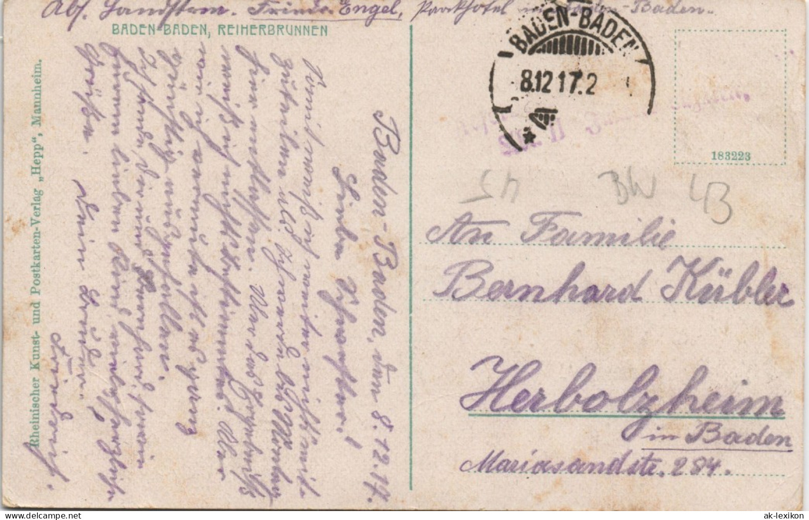 Ansichtskarte Baden-Baden Reiherbrunnen, Buchbinderei Fritz Nagel 1917 - Baden-Baden