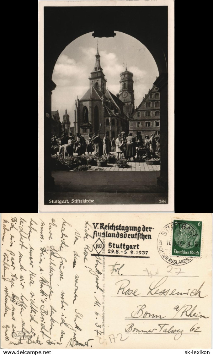 Ansichtskarte Stuttgart Durchblick - Markttriben, Stiftskirche, Fotokarte 1937 - Stuttgart