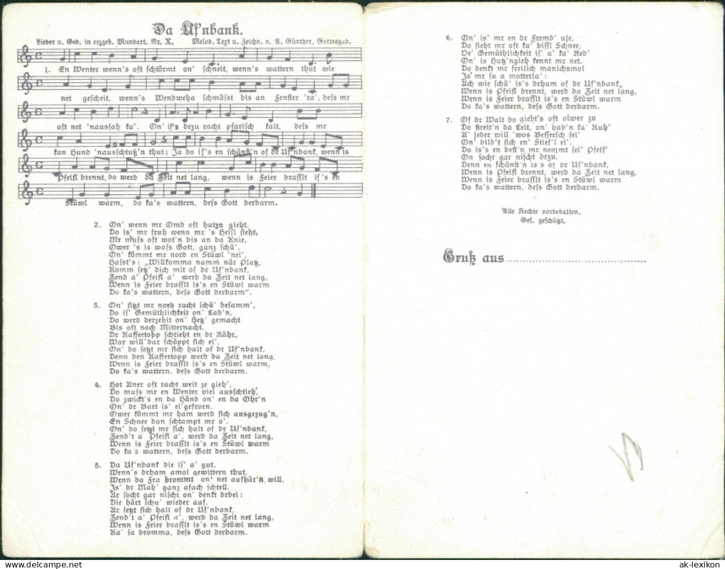 (Anton Günther) Da Ufen Liedkarten Erzgebirge (Anton Günther) Da Ufnbank 1911 - Musik