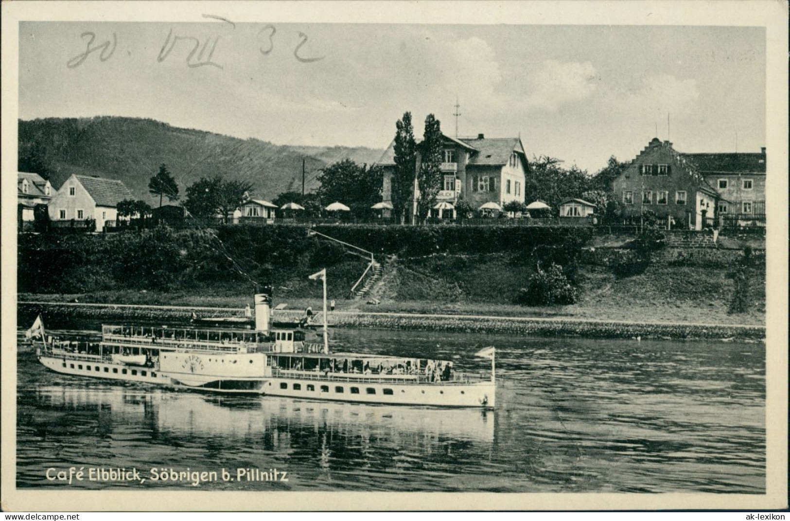 Ansichtskarte Söbrigen-Dresden Cafe Elbblick - Söbrigen - Dampfer 1934 - Pillnitz