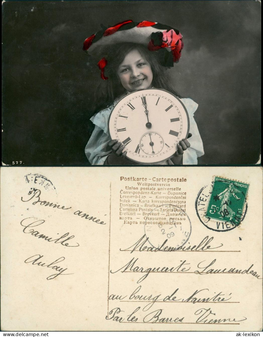  Glückwunsch - Neujahr/Sylvester Col Foto Mädchen Mit Riesenuhr 1909 - New Year