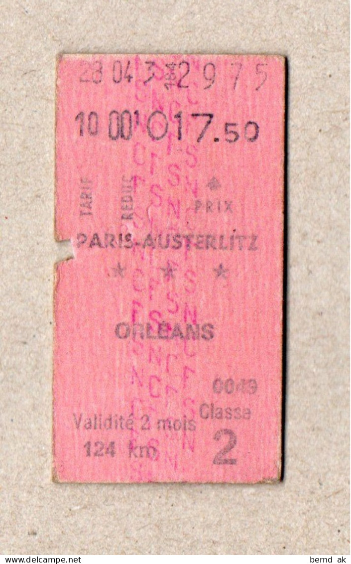 A04] Frankreich - Pappfahrkarte - Paris Austerlitz - Orleans - Europa