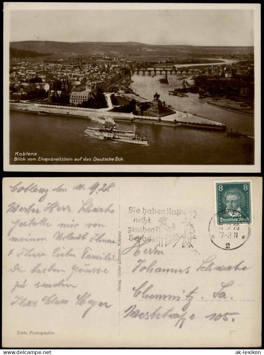 Koblenz Blick Ehrenbreitstein Auf Das Deutsche Eck Am Rhein 1928 - Koblenz