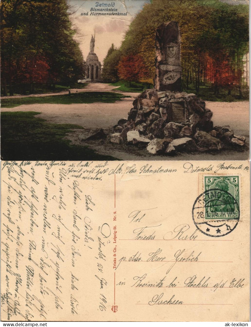 Ansichtskarte Hiddesen-Detmold Bismarckstein Und Hermannsdenkmalcoloriert 1916 - Detmold