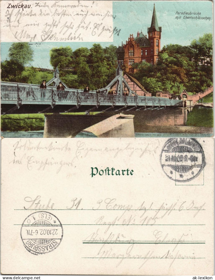 Ansichtskarte Zwickau Paradiesbrücke Mit Ebertschlößchen 1902 - Zwickau